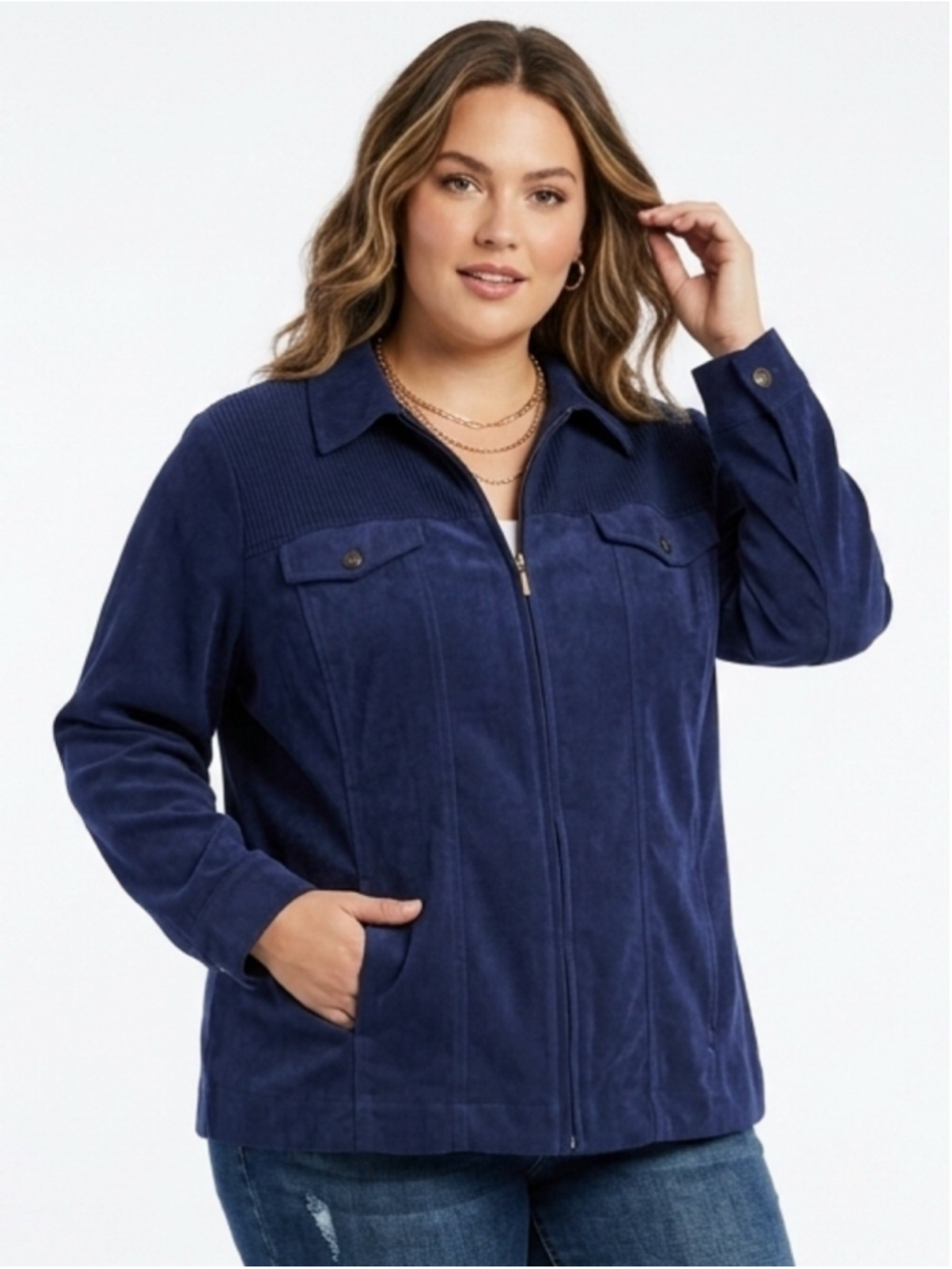 Women's ALIA Navy Blue Faux Suede Ribbed Knit Accent Zip Front Jacket Sz 18 -805